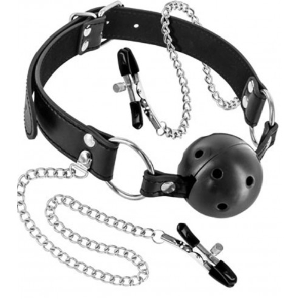 Fetish Tentation Bâillon boule à trous avec pinces à seins