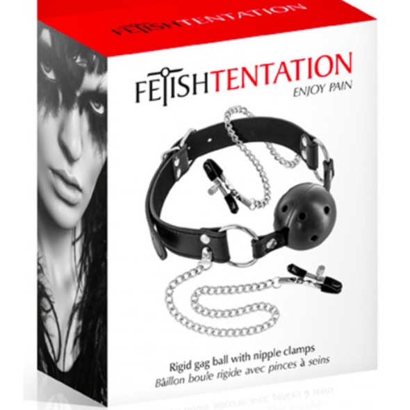 Fetish Tentation Bâillon boule à trous avec pinces à seins